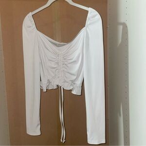 White Cropped Long Sleeve Shirt with Ruching and Ties